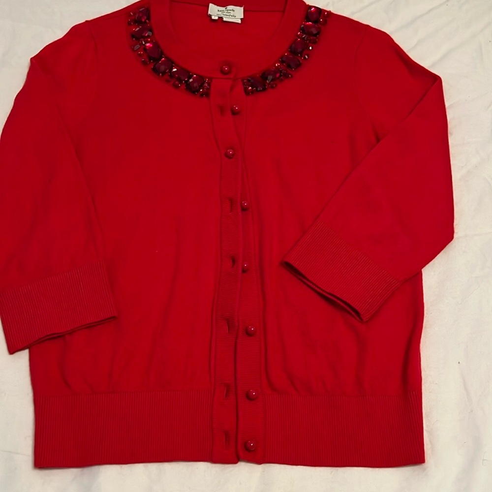 KATE SPADE Red Knit Jeweled Embellished Long sleeve Cardigan Sweater Size s